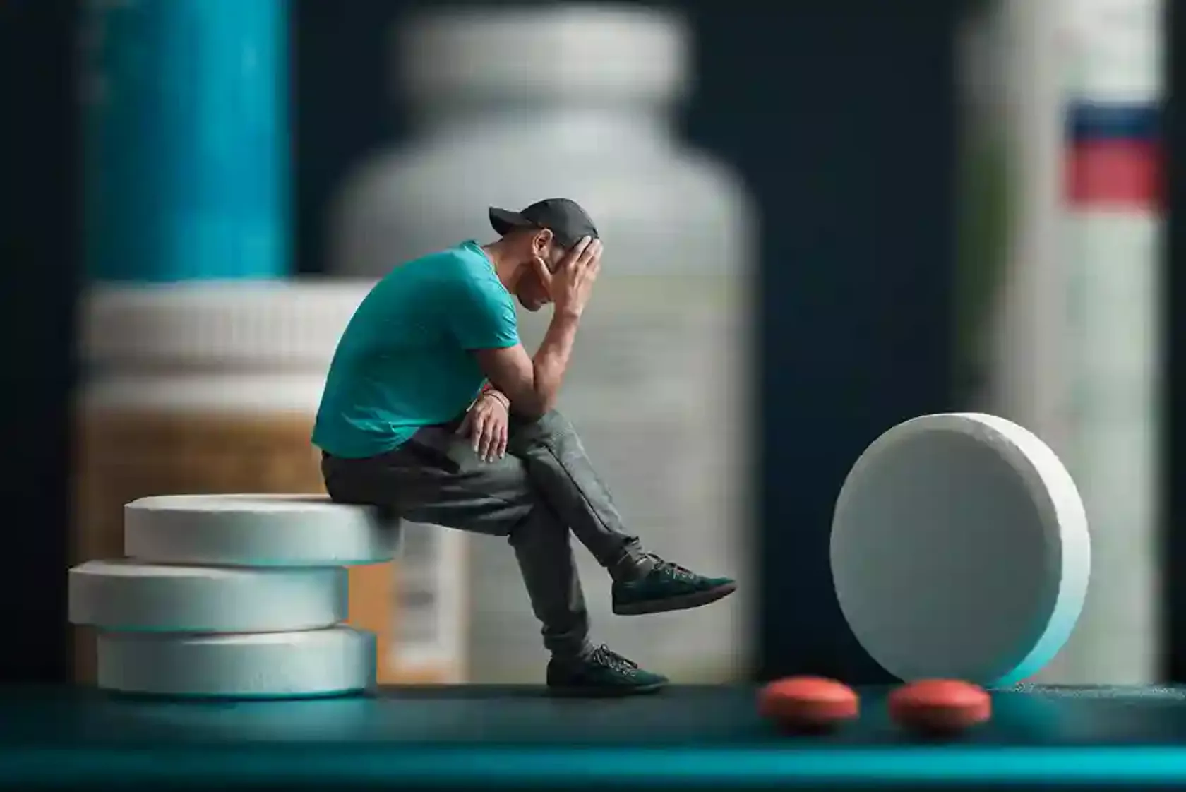 Fotomontage ein Mann sitzt auf einem Stapel Tabletten, um ihn herum riesige Medikamentenverpackungen.