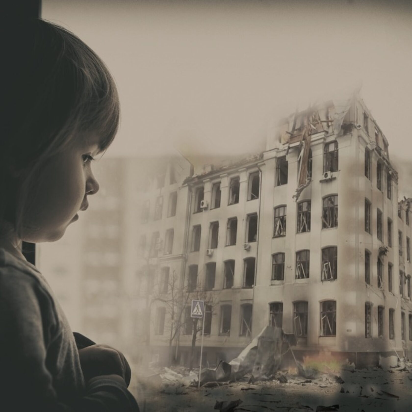 Kleinkind blickt auf die Ruine eines im Krieg zerstörten Hauses