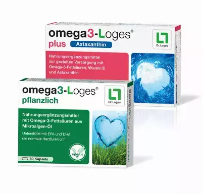 Packshot Omega3-Loges plus Asthaxantin und Omega3-Loges pflanzlich
