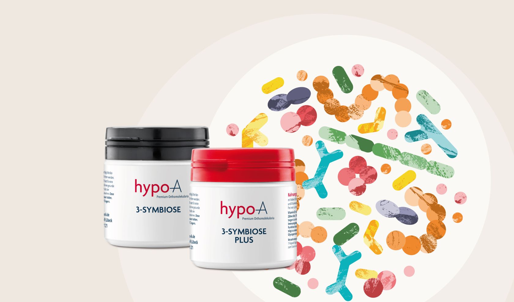 Verpackung der hypo-A Darmpflegeprodukte hypo-A 3-Symbiose und hypo-A 3-Symbiose plus.