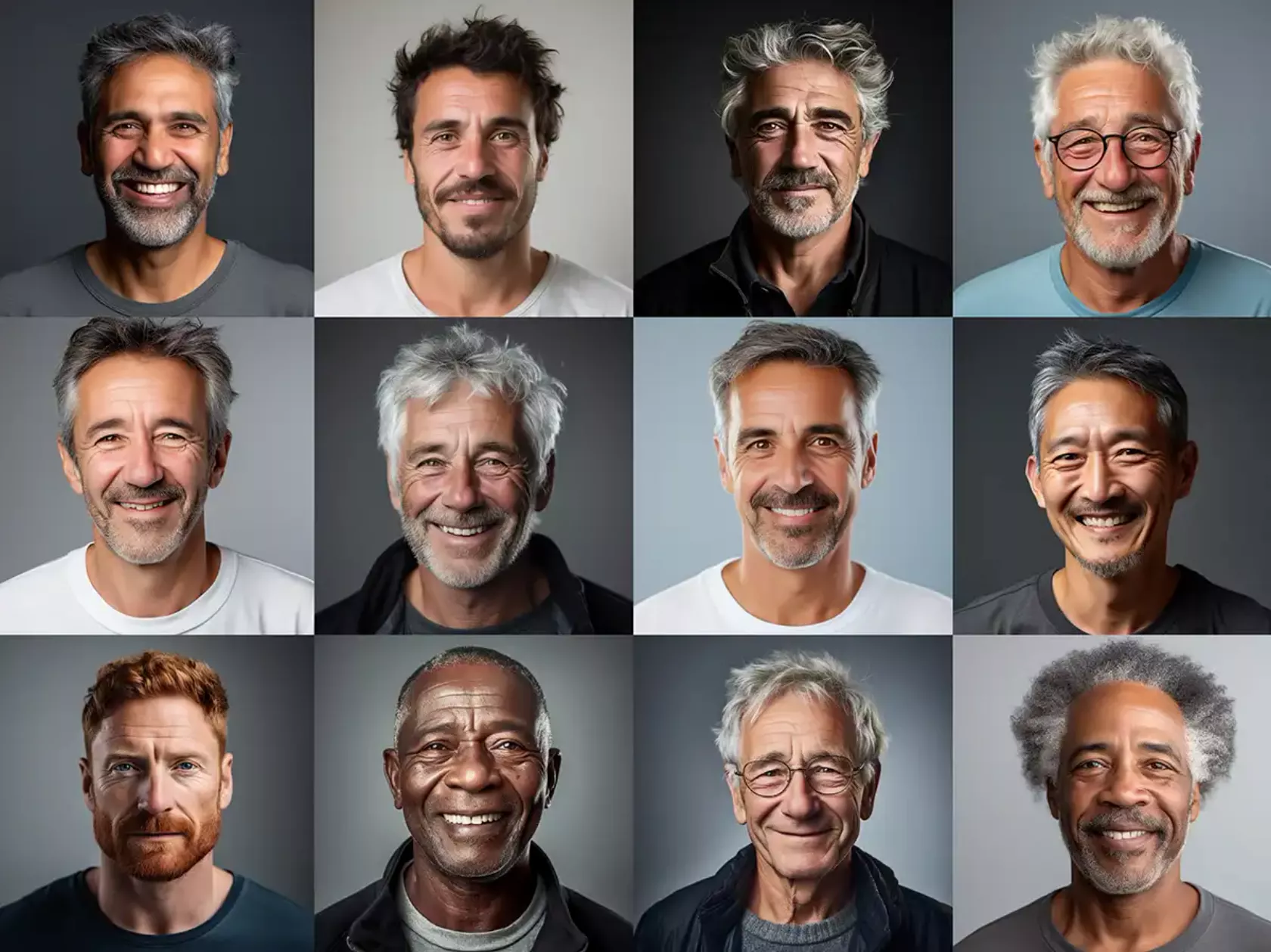Fotomontage - Porträts von 12 Männern verschiedenen Alters und verschiedener ethnischer Zugehörigkeit.