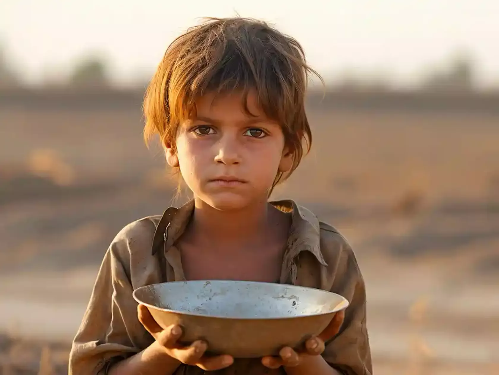 Kleiner Junge in sehr karger Landschaft hält eine leere Schale in den Händen.