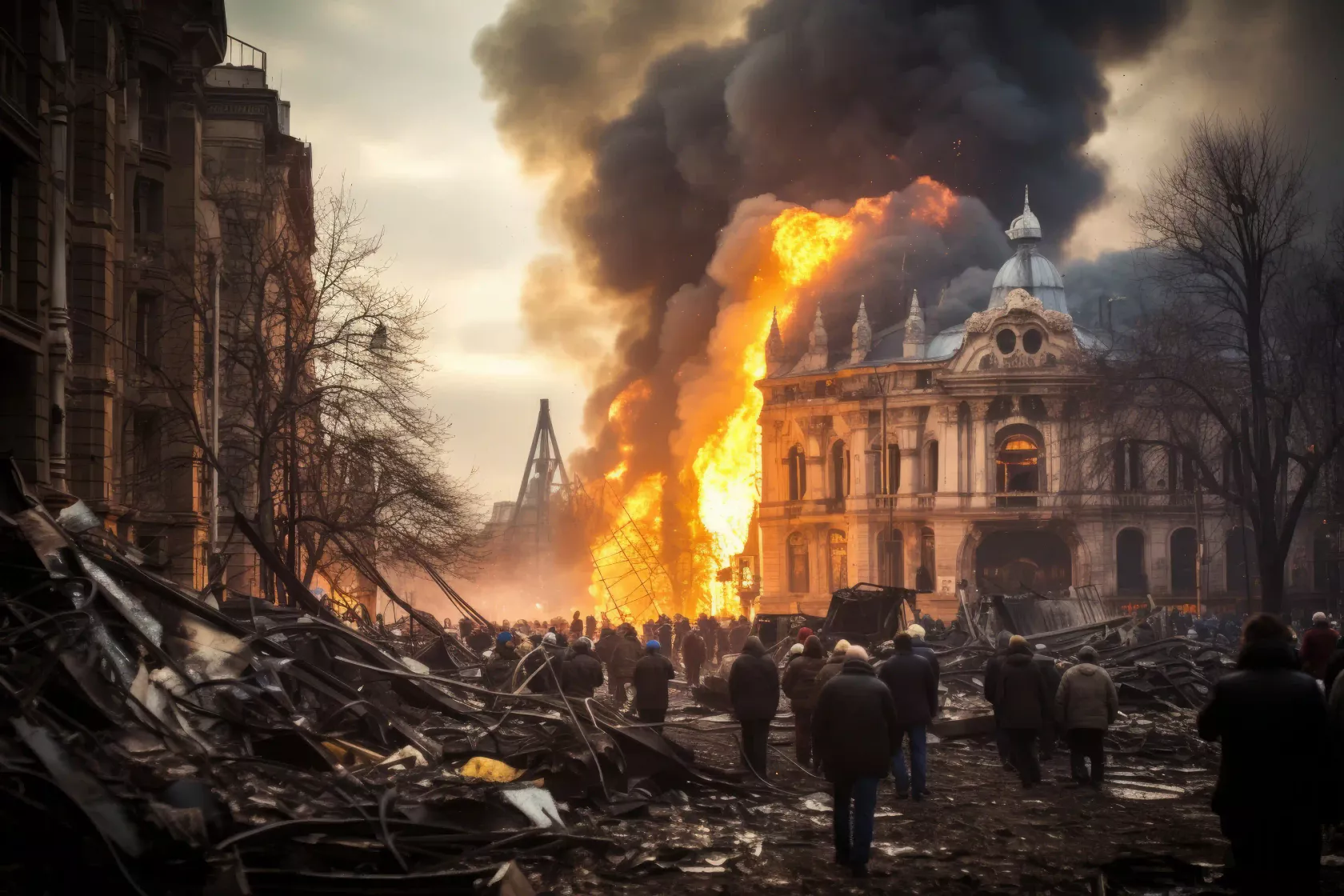 Brennende Stadt im Krieg, historische Gebäude werden zerstört, Menschen auf der Straße.