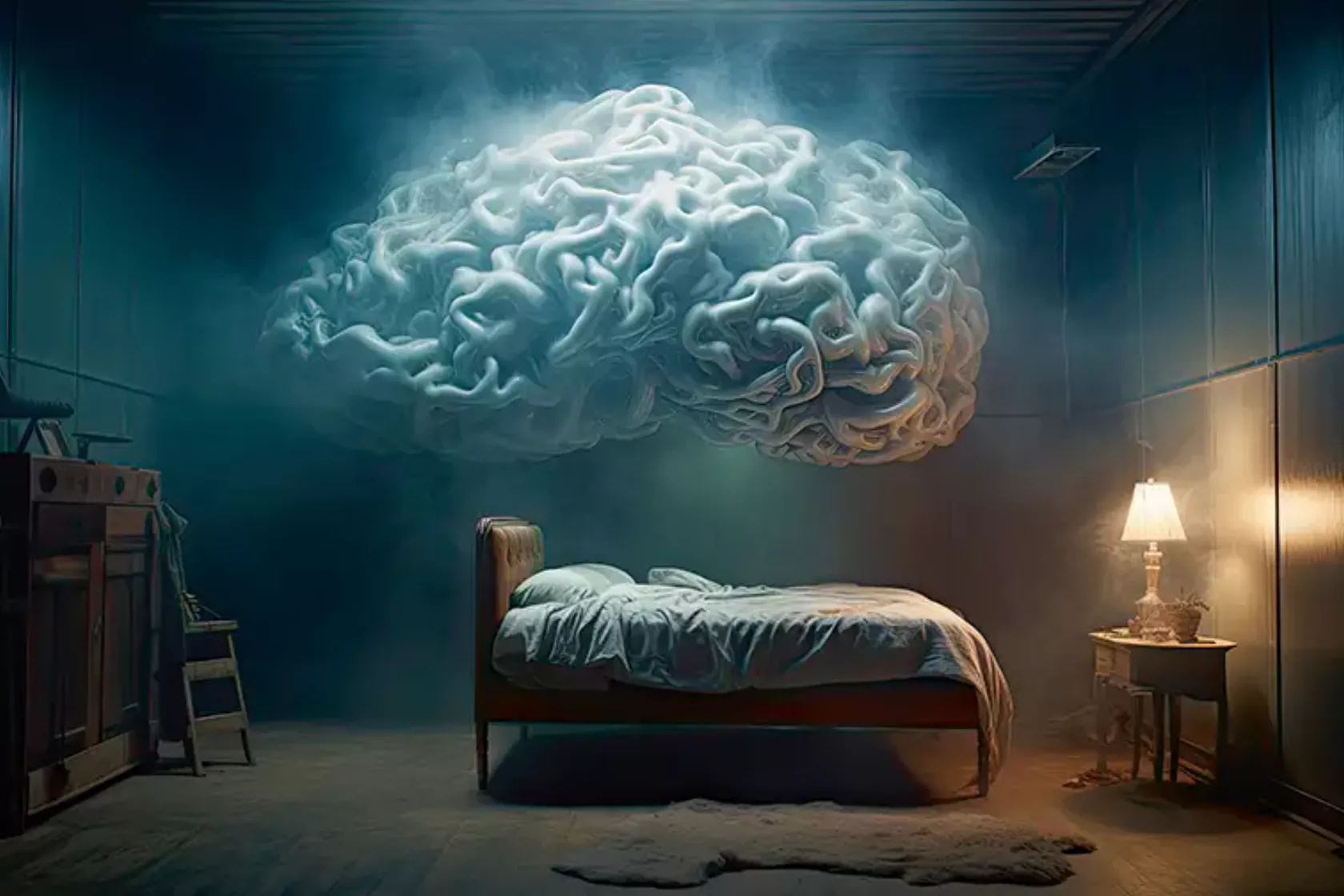 KI-Bild - über einem Bett schwebt im Schlafzimmer drohend eine dicke, verknäuelte Wolke.