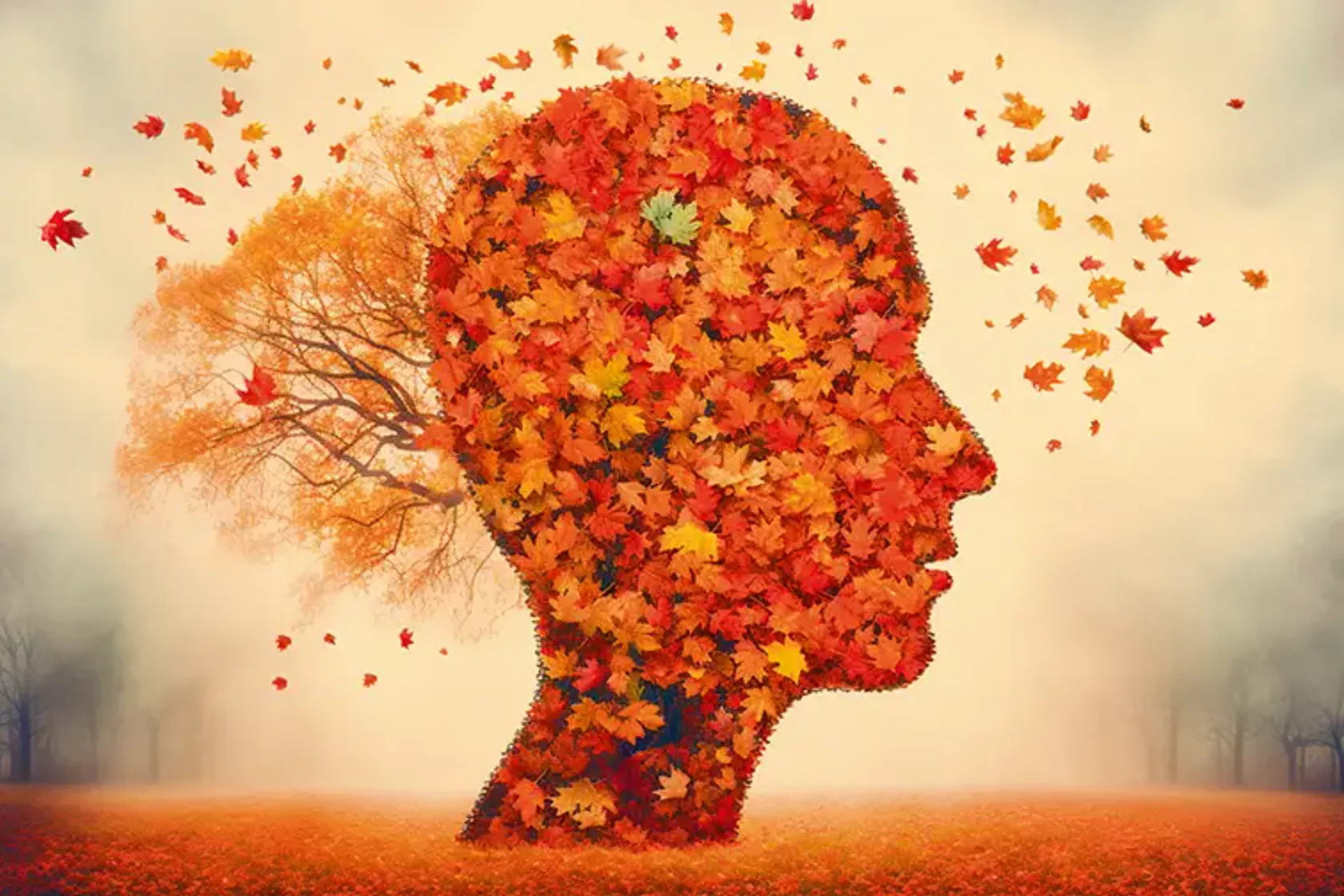KI-Bild Silhouette eines Kopfes voller Herbstlaub, aus dem Blätter herauswehen - sinnbildlich für Demenz.
