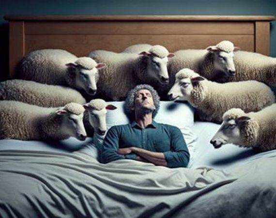 Illustration eines Mannes im Bett mit geschlossenen Augen und verschränkten Armen, der von Schafen umringt wird.