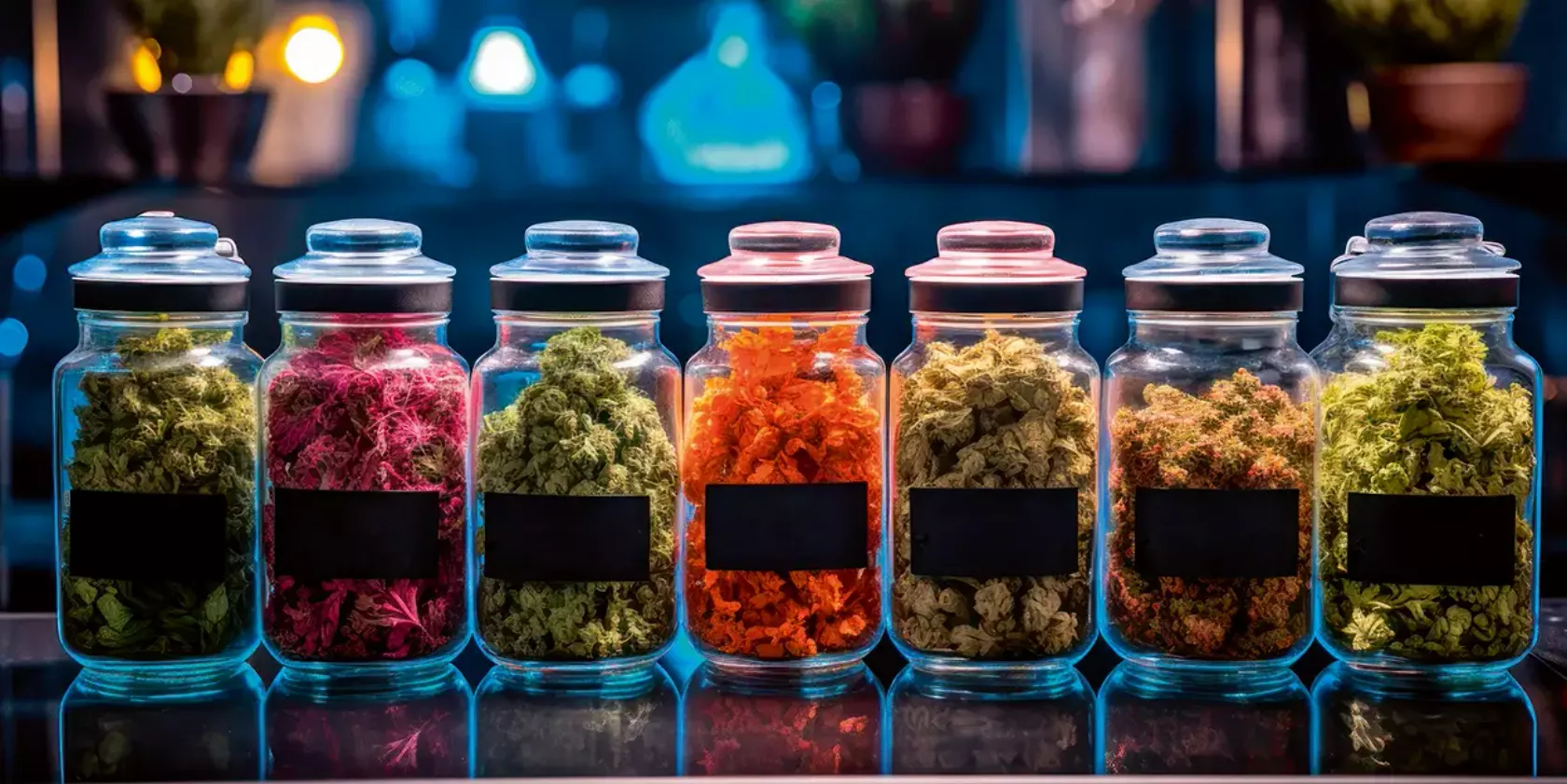 Getrocknete Cannabis-Blüten in verschiedenen Farben in hohen Vorratsgläsern.