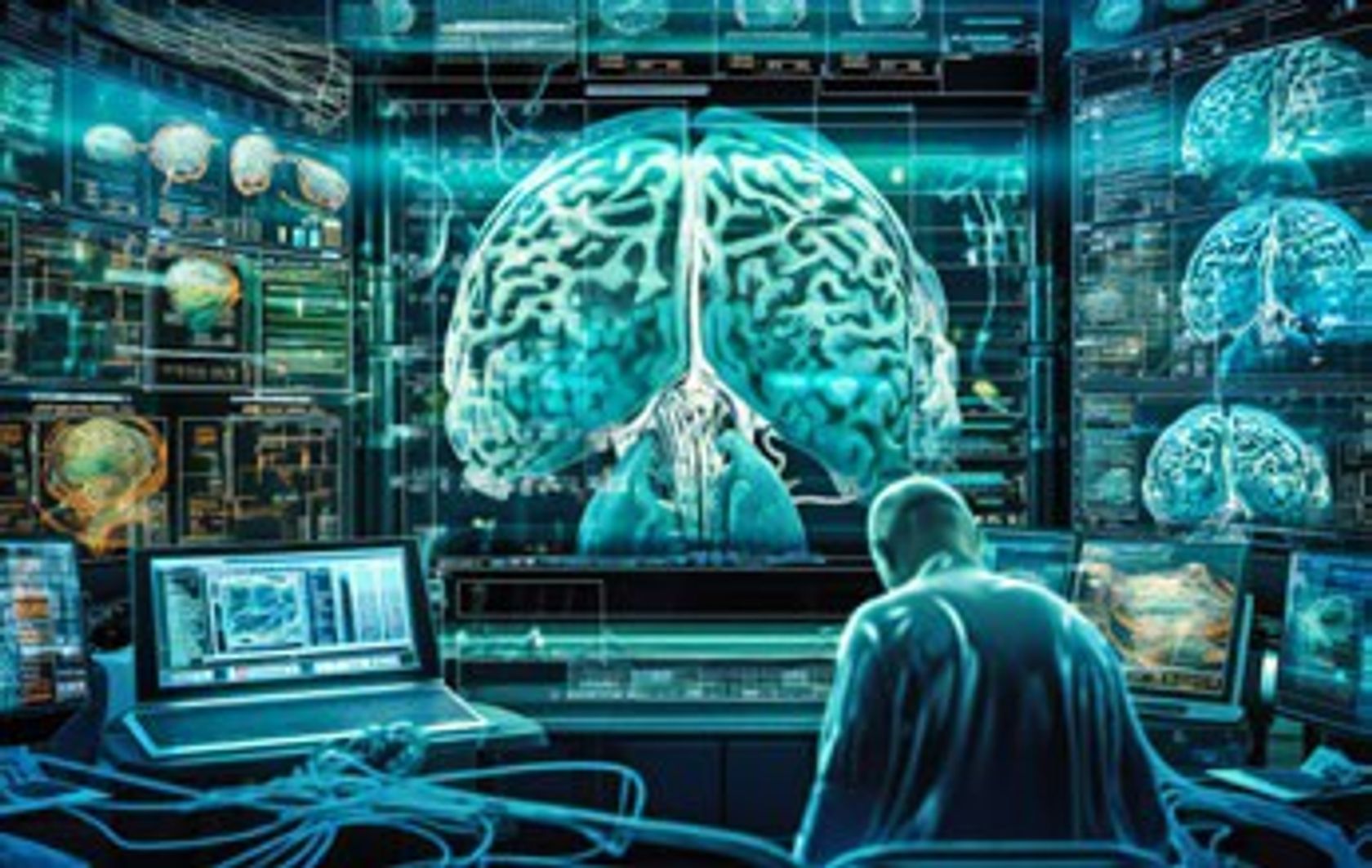 KI-generiertes Bild von einem Forscher in KI-Umgebung, ein riesengroßes Gehirn ist auf dem Bildschirm.