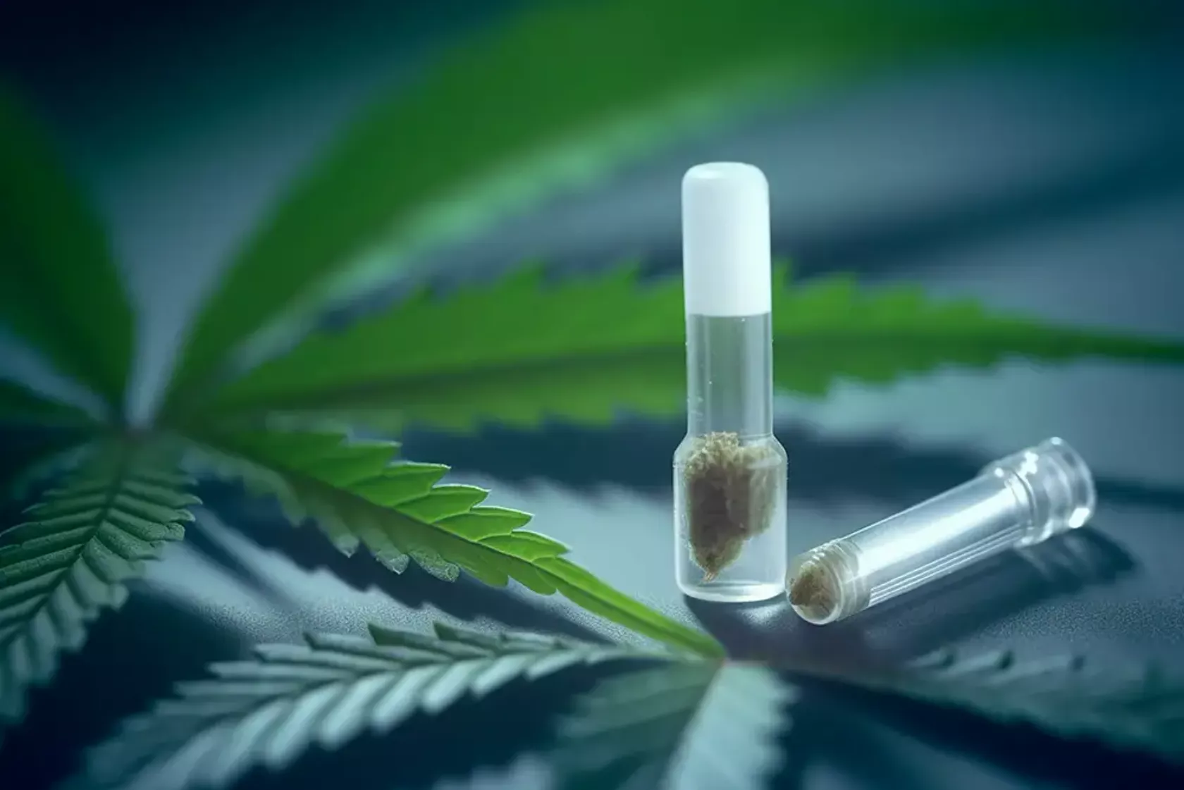 Cannabis-Blatt und medizinisches Cannabis in einem Glasbehälter auf dem Tisch.
