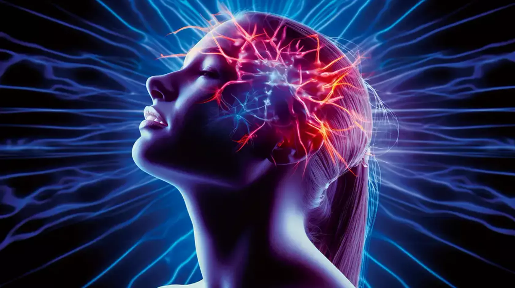 KI-Darstellung von Migräne - ein Frauenkopf mit roten Lichtblitzen im Gehirn.