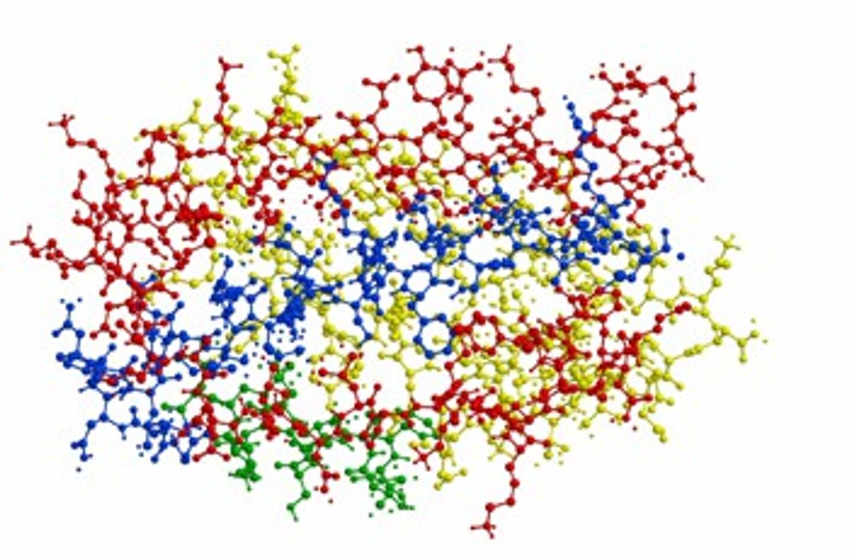Gewirr von Molekülgittern in rot, gelb, blau, grün.