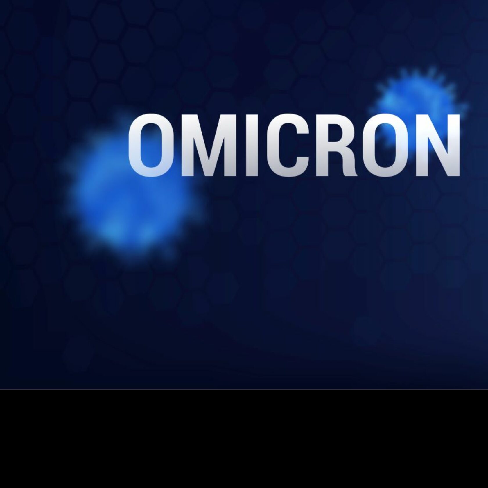 Wort Omicron vor dunklem Hintergrund und schematische Darstellung des Coronavirus