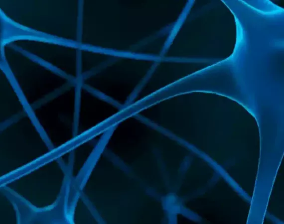KI-Darstellung von Neuronen, blau vor schwarzem Hintergrund