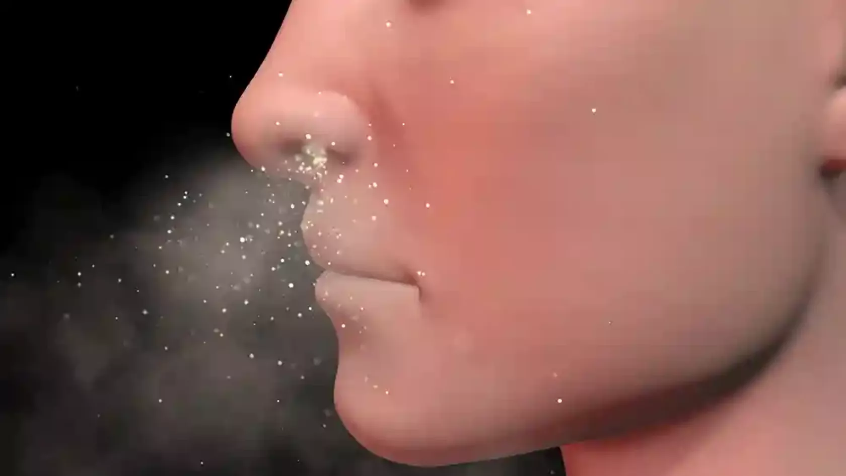 KI-generiertes Bild einer menschlichen Nase, die Partikel einatmet