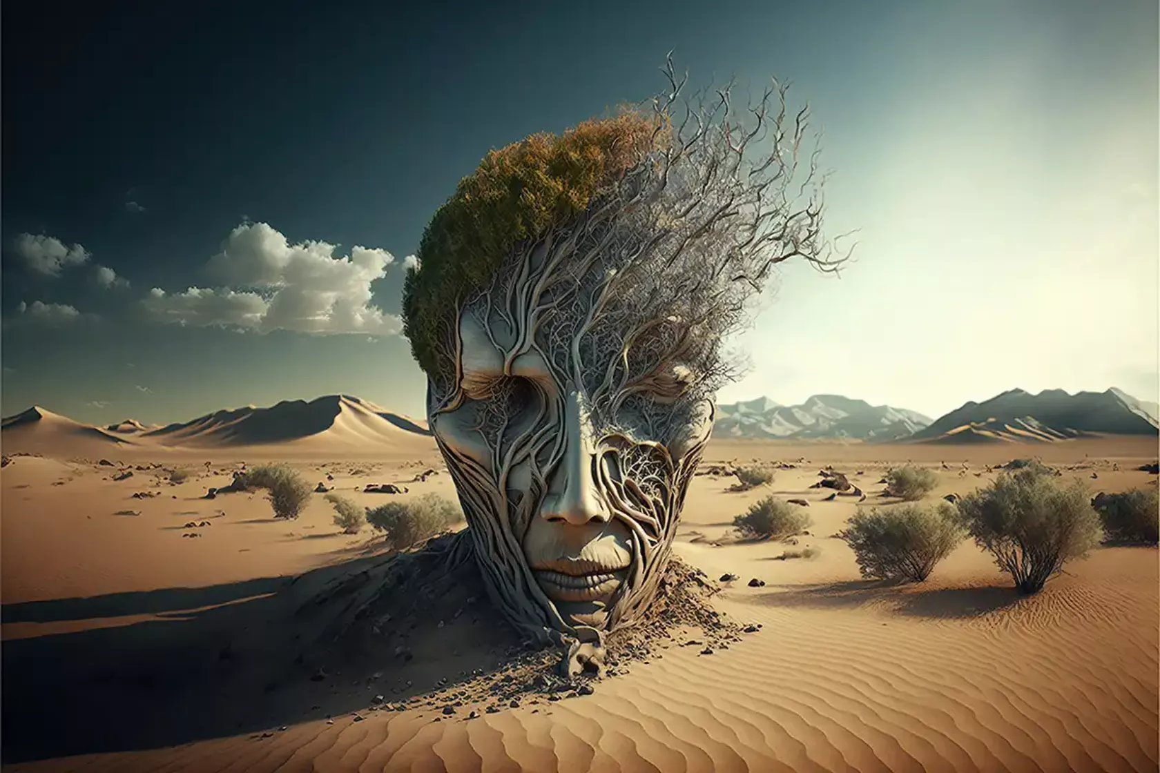 KI-Bild: Kopf in der Wüste, aus dem Gehirn weht der Inhalt davon.