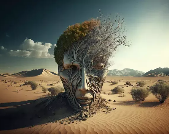 KI-Bild: Kopf in der Wüste, aus dem Gehirn weht der Inhalt davon.